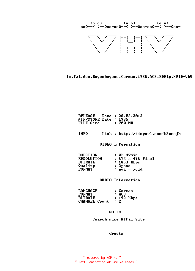 NFO for the release Im.Tal.des.Regenbogens.German.1935.AC3.BDRip.XViD-VhV by VhV