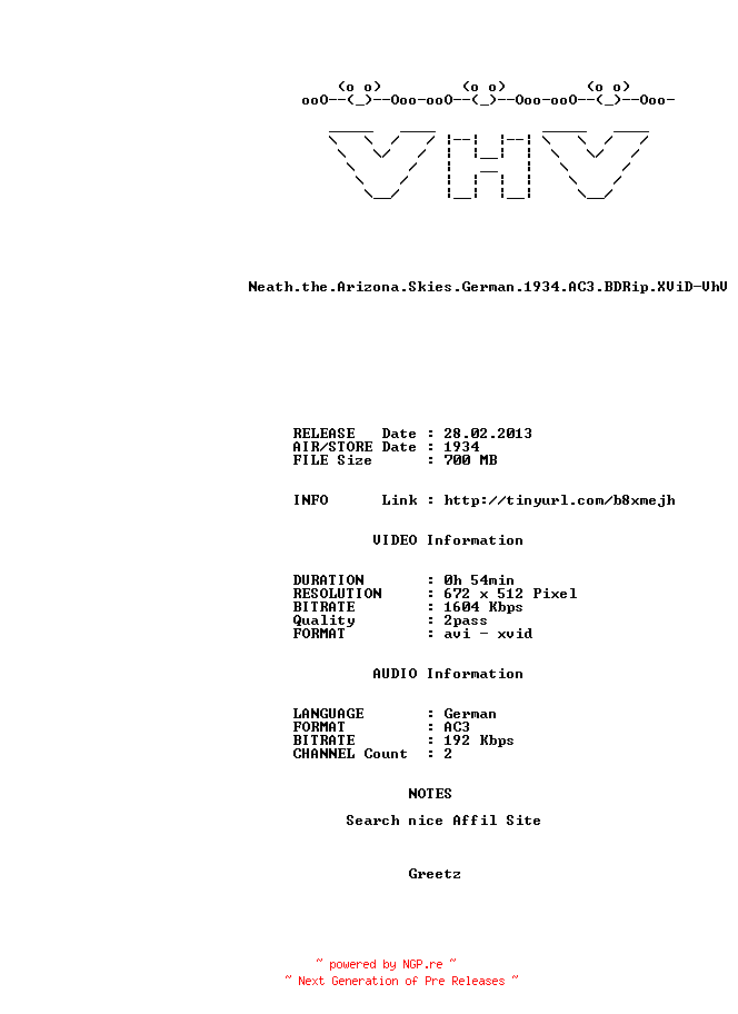 NFO for the release Neath.the.Arizona.Skies.German.1934.AC3.BDRip.XViD-VhV by VhV