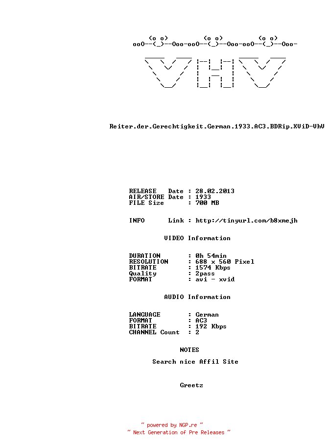 NFO for the release Reiter.der.Gerechtigkeit.German.1933.AC3.BDRip.XViD-VhV by VhV