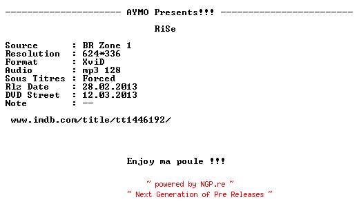 NFO for the release Rise.of.the.Guardians.2012.FRENCH.BDRip.XviD-AYMO by AYMO