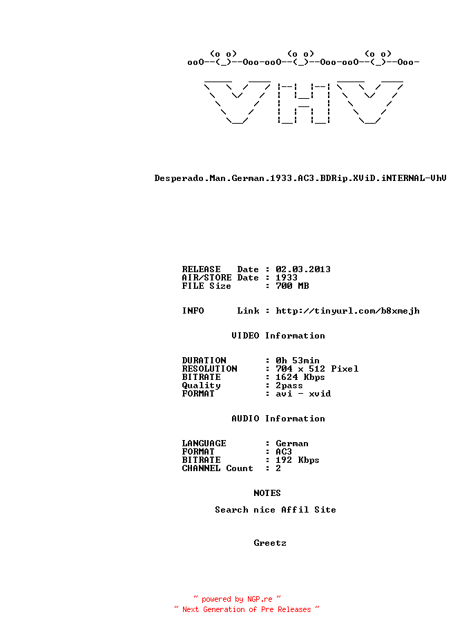 NFO for the release Desperado.Man.German.1933.AC3.BDRip.XViD.iNTERNAL-VhV by VhV