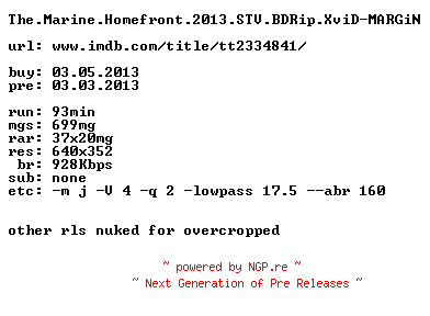 NFO for the release The.Marine.Homefront.2013.STV.PROPER.BDRip.XviD-MARGiN by MARGiN