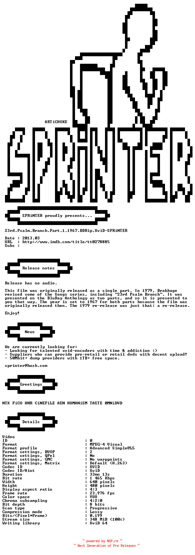 NFO for the release 23rd.Psalm.Branch.Part.1.1967.BDRip.XviD-SPRiNTER by SPRiNTER