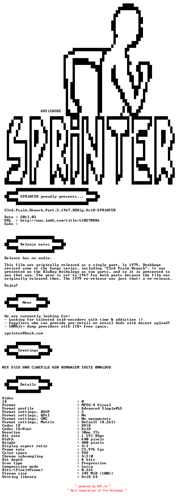 NFO for the release 23rd.Psalm.Branch.Part.2.1967.BDRip.XviD-SPRiNTER by SPRiNTER