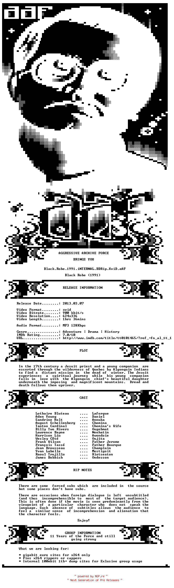 NFO for the release Black.Robe.1991.iNTERNAL.BDRip.XviD-aAF by aAF