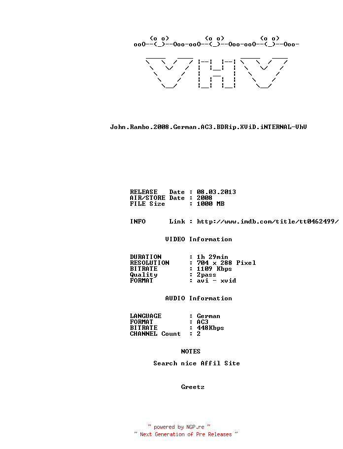 NFO for the release John.Rambo.2008.German.AC3.BDRip.XViD.iNTERNAL-VhV by VhV