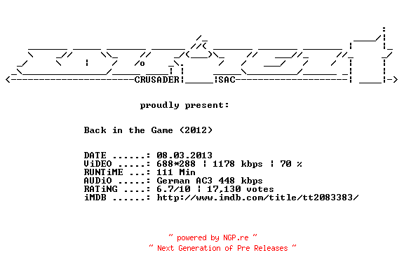 NFO for the release Back.in.the.Game.German.AC3.BDRip.XviD-CONFiDENT by CONFiDENT