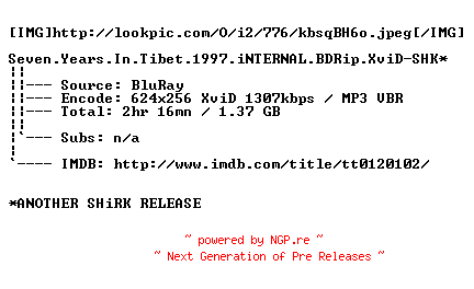 NFO for the release Seven.Years.In.Tibet.1997.iNTERNAL.BDRip.XviD-SHK by SHK