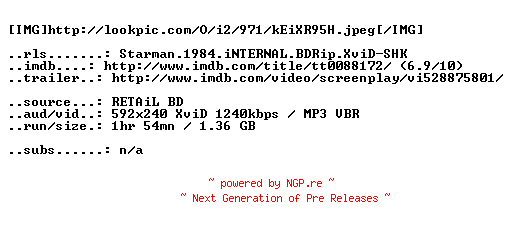 NFO for the release Starman.1984.iNTERNAL.BDRip.XviD-SHK by SHK