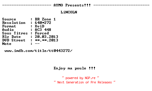 NFO for the release Lincoln.2012.FRENCH.BDRip.XviD-AYMO by AYMO