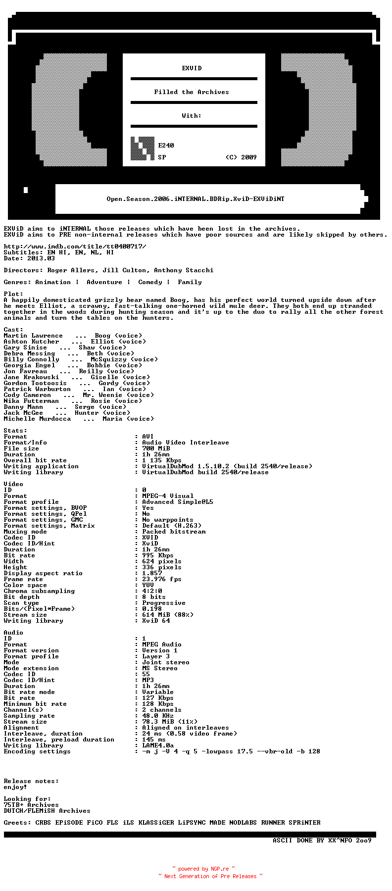 NFO for the release Open.Season.2006.iNTERNAL.BDRip.XviD-EXViDiNT by EXViDiNT