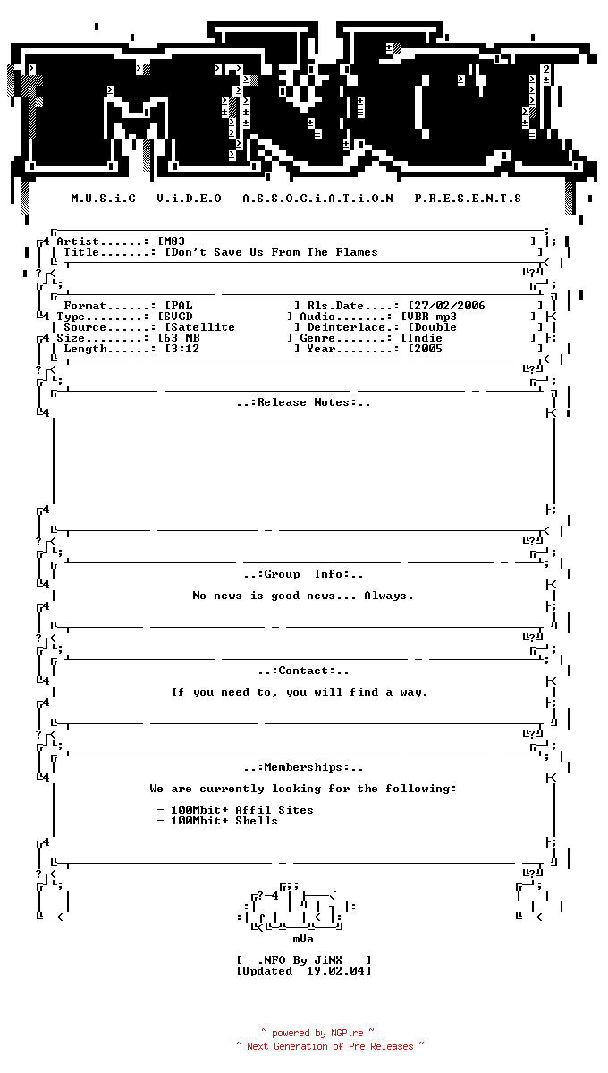 NFO for the release M83-dont_save_us_from_the_flames-svcd-2005-mVa by mVa