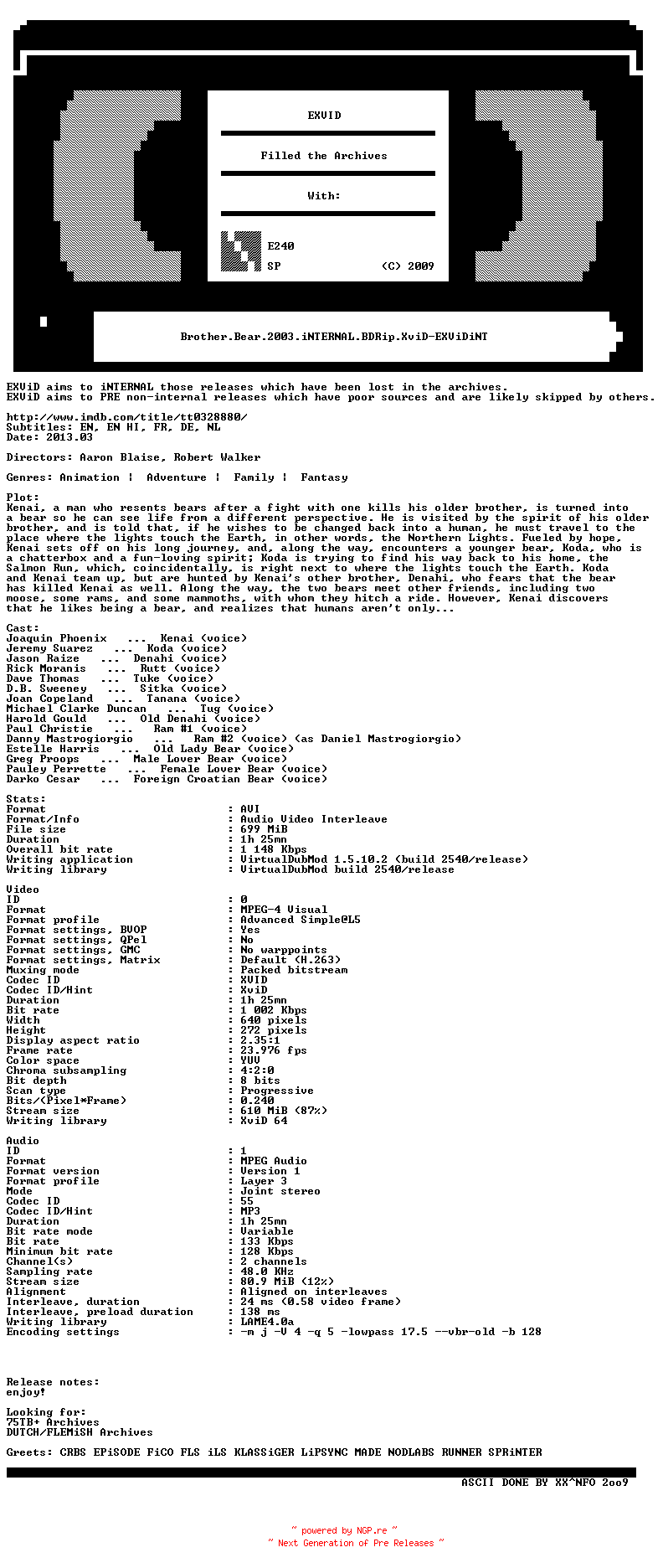 NFO for the release Brother.Bear.2003.iNTERNAL.BDRip.XviD-EXViDiNT by EXViDiNT