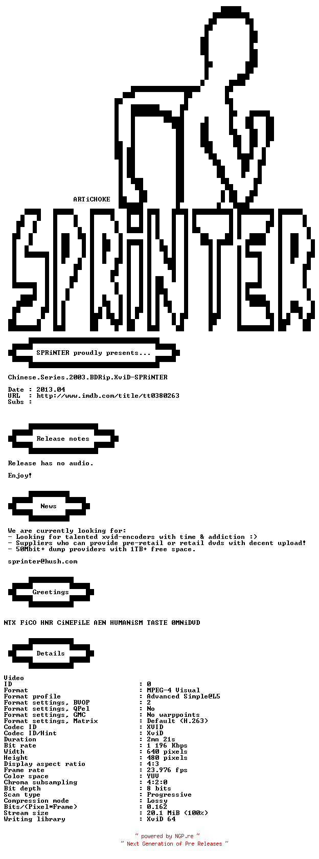 NFO for the release Chinese.Series.2003.BDRip.XviD-SPRiNTER by SPRiNTER