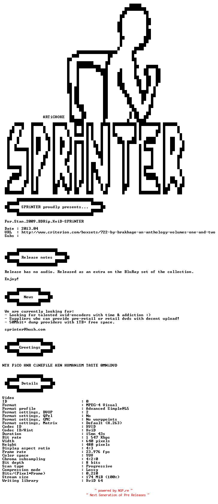 NFO for the release For.Stan.2009.BDRip.XviD-SPRiNTER by SPRiNTER