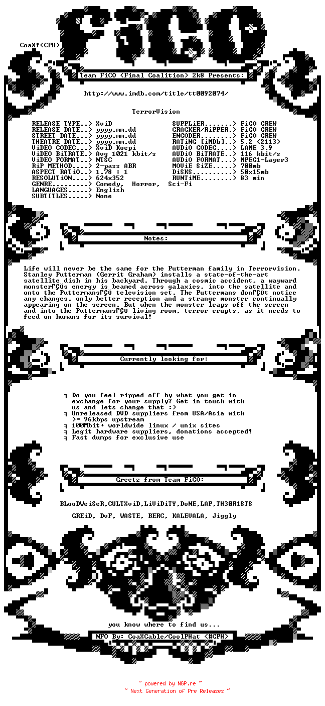 NFO for the release Terrorvision.1986.BDRip.XviD-FiCO by FiCO