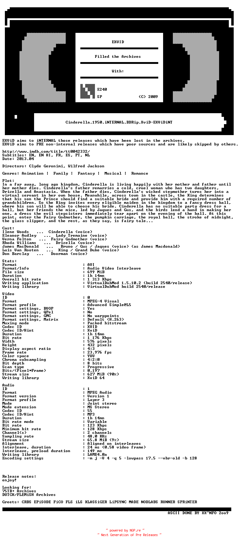 NFO for the release Cinderella.1950.iNTERNAL.BDRip.XviD-EXViDiNT by EXViDiNT