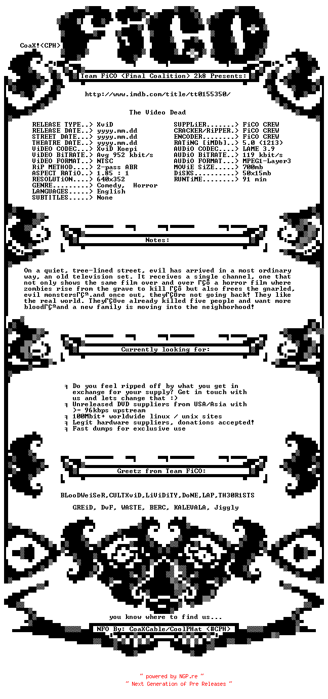 NFO for the release The.Video.Dead.1987.BDRip.XviD-FiCO by FiCO