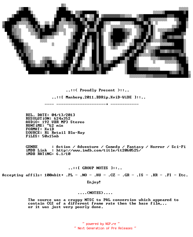 NFO for the release Manborg.2011.BDRip.XviD-WiDE by WiDE