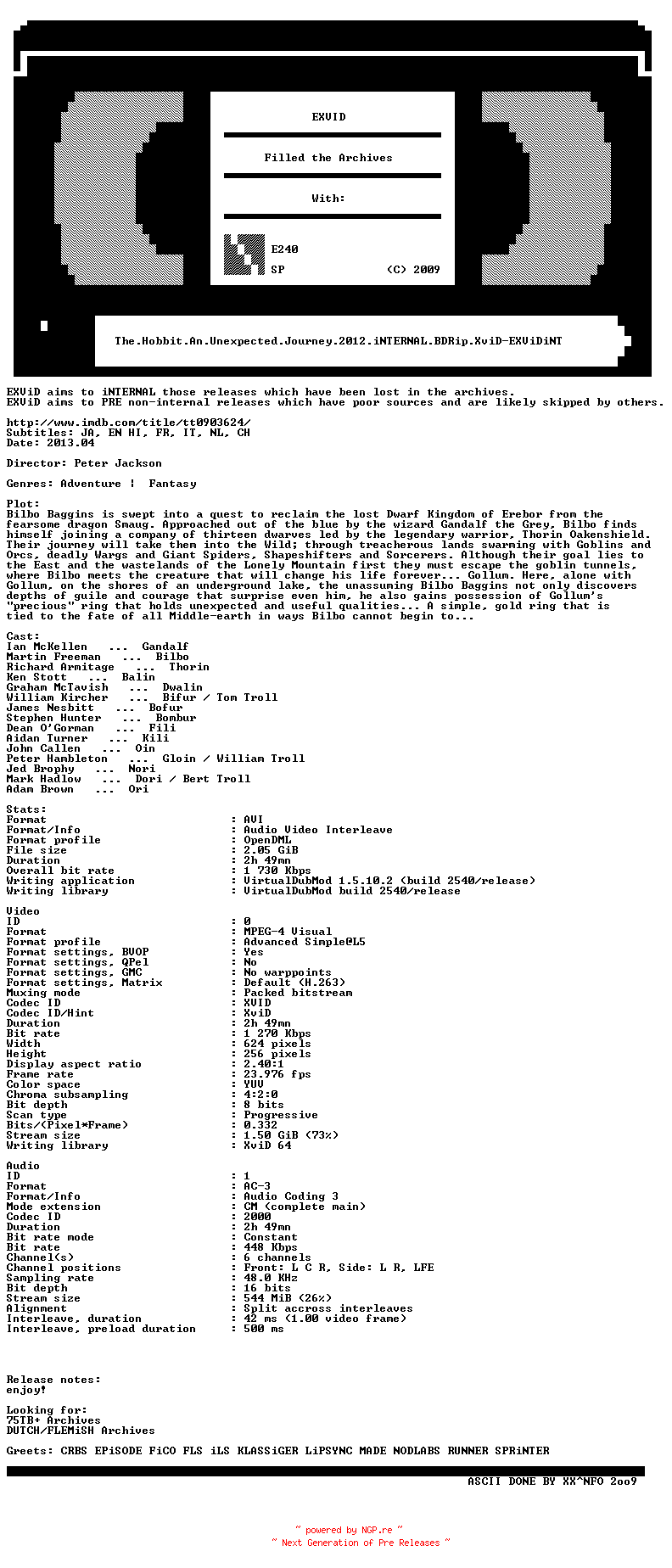NFO for the release The.Hobbit.An.Unexpected.Journey.2012.iNTERNAL.BDRip.XviD-EXViDiNT by EXViDiNT