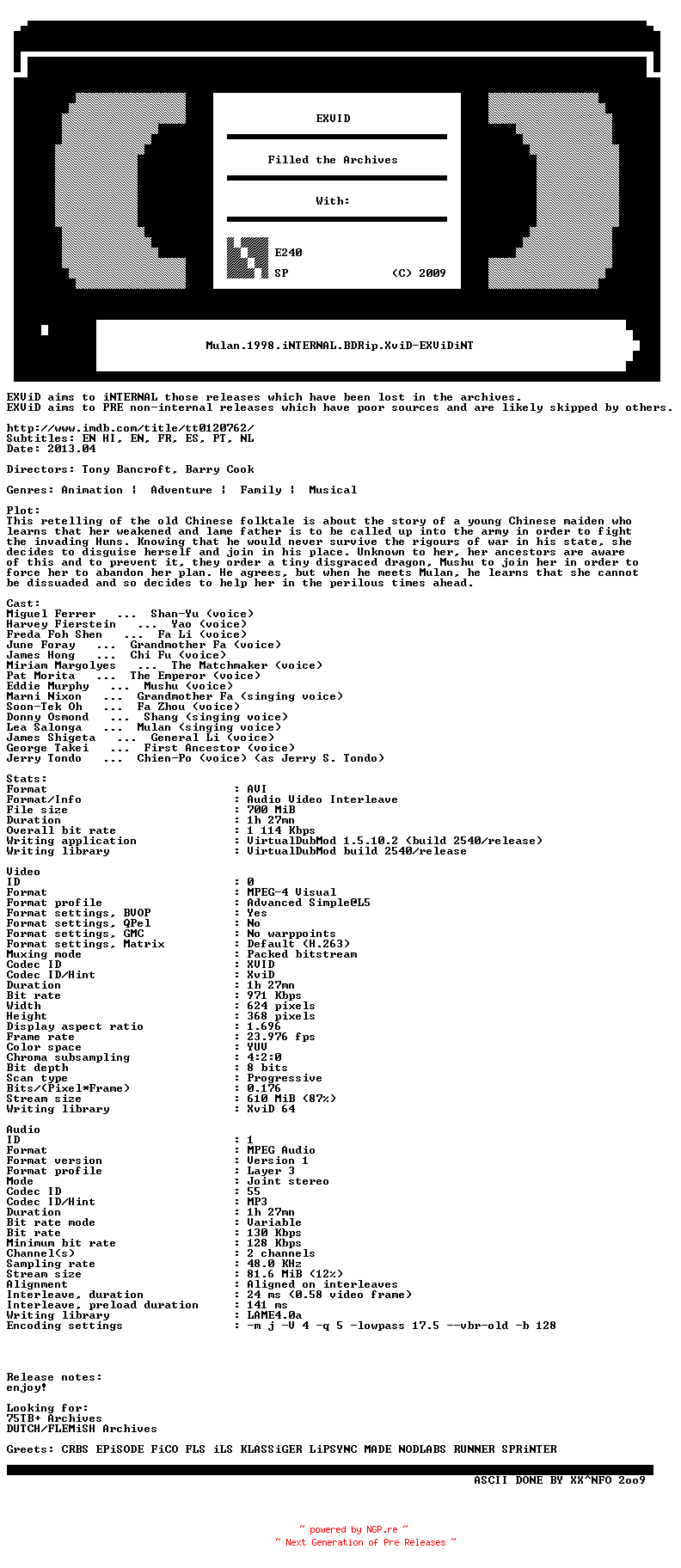 NFO for the release Mulan.1998.iNTERNAL.BDRip.XviD-EXViDiNT by EXViDiNT