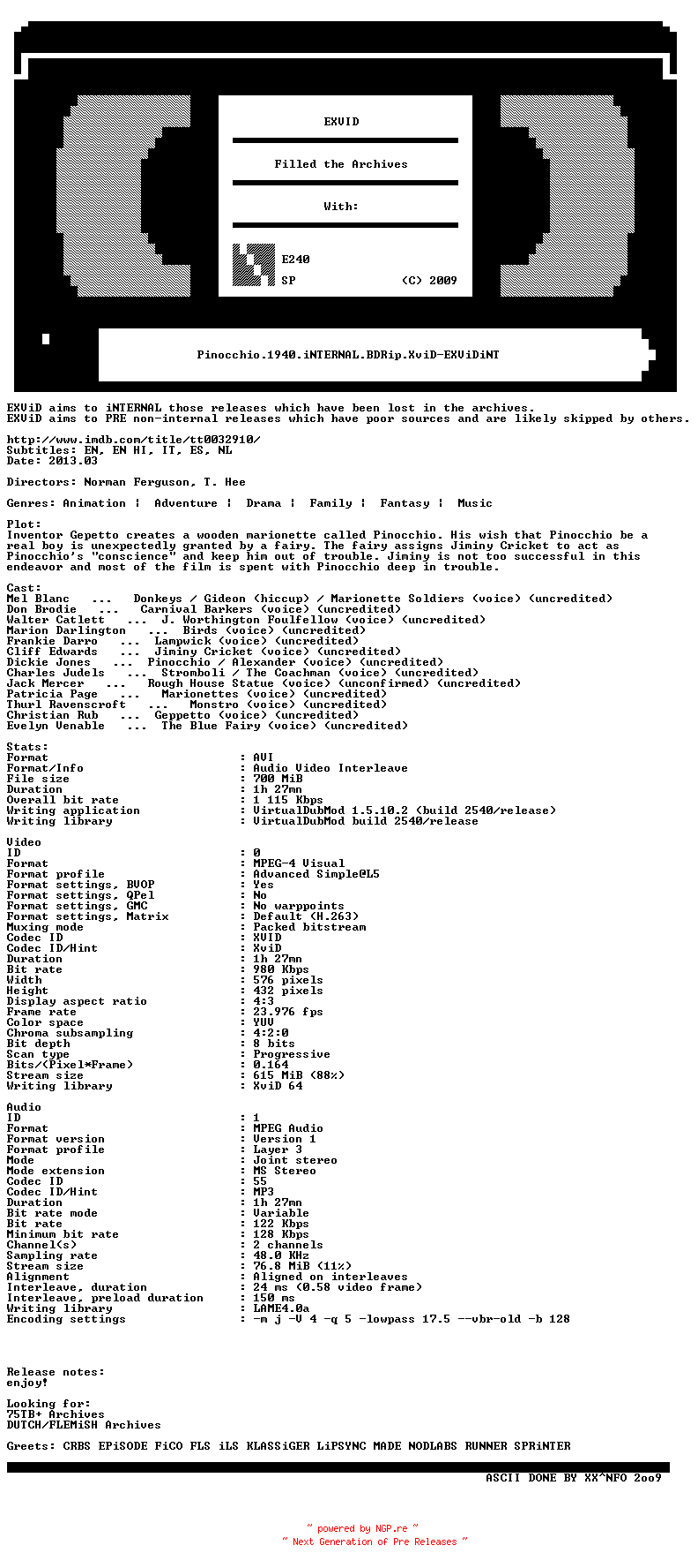 NFO for the release Pinocchio.1940.iNTERNAL.BDRip.XviD-EXViDiNT by EXViDiNT