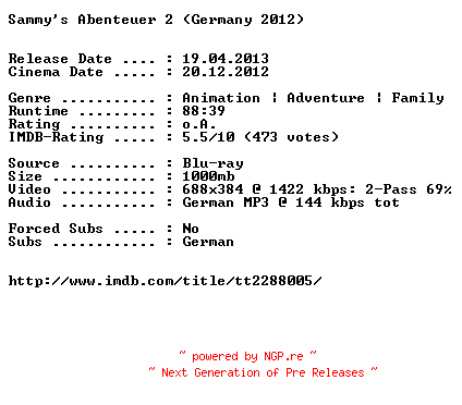 NFO for the release Sammys.Abenteuer.2.German.BDRip.XviD-EXQUiSiTE by EXQUiSiTE