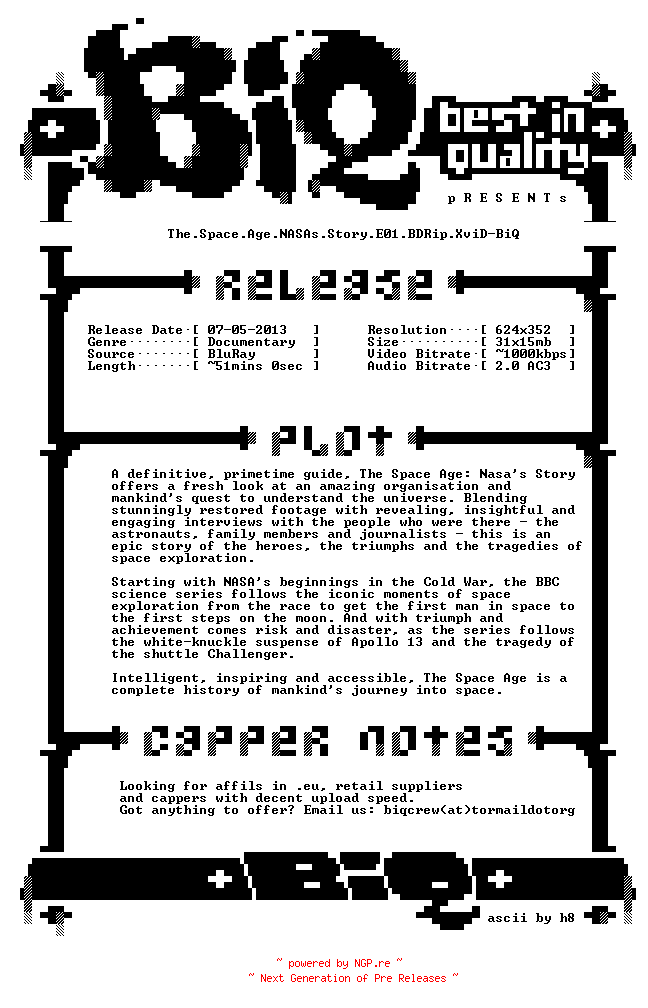 NFO for the release The.Space.Age.NASAs.Story.E01.BDRip.XviD-BiQ by BiQ