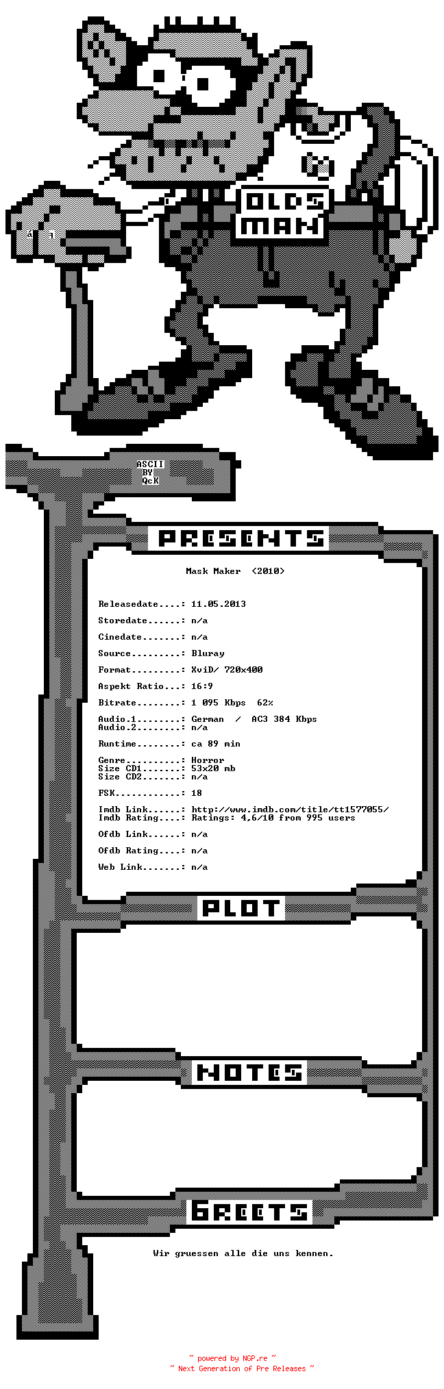 NFO for the release Mask.Maker.2010.German.AC3.BDRip.XviD-OldsMan by OldsMan