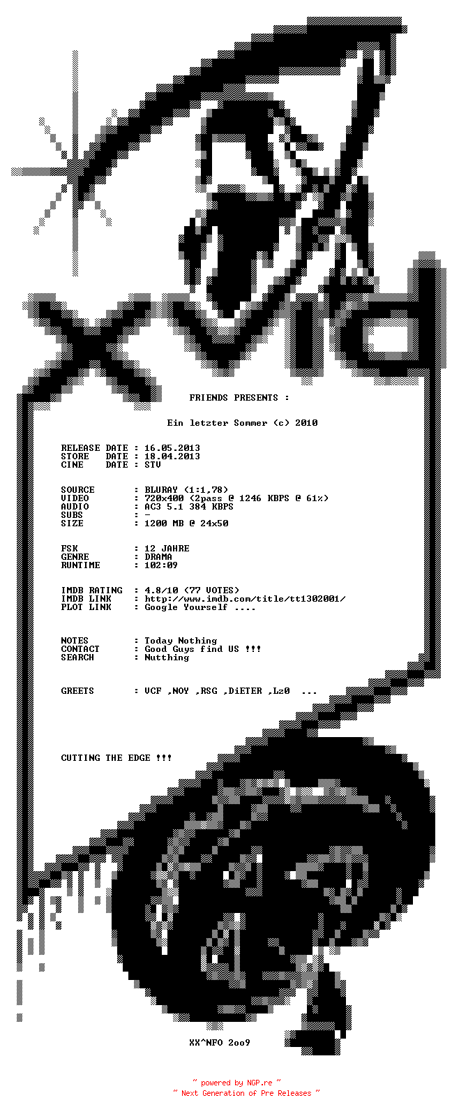 NFO for the release Ein.letzter.Sommer.German.2010.AC3.BDRiP.XviD-XF by XF