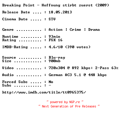NFO for the release Breaking.Point.German.2009.AC3.BDRip.XviD-1aQuali by 1aQuali