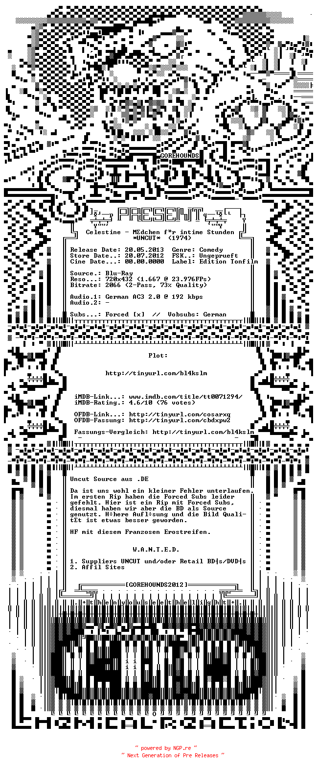 NFO for the release Celestine.Maedchen.Fuer.Intime.Stunden.GERMAN.1974.AC3.BDRiP.REPACK.XViD-GOREHOUNDS by GOREHOUNDS
