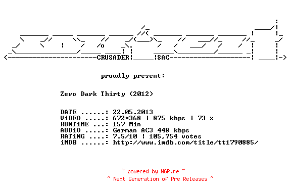 NFO for the release Zero.Dark.Thirty.German.AC3.BDRip.XviD-CONFiDENT by CONFiDENT