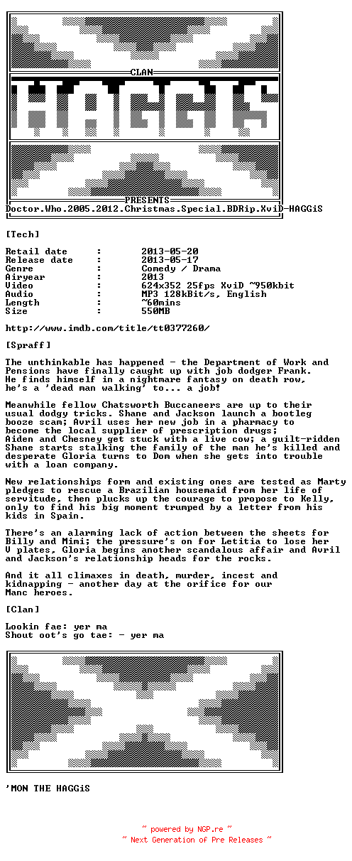 NFO for the release Doctor.Who.2005.2012.Christmas.Special.BDRip.XviD-HAGGiS by HAGGiS
