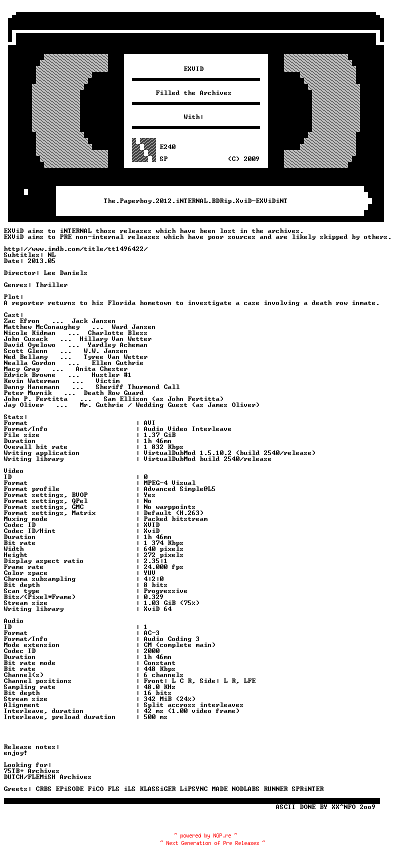 NFO for the release The.Paperboy.2012.iNTERNAL.BDRip.XviD-EXViDiNT by EXViDiNT