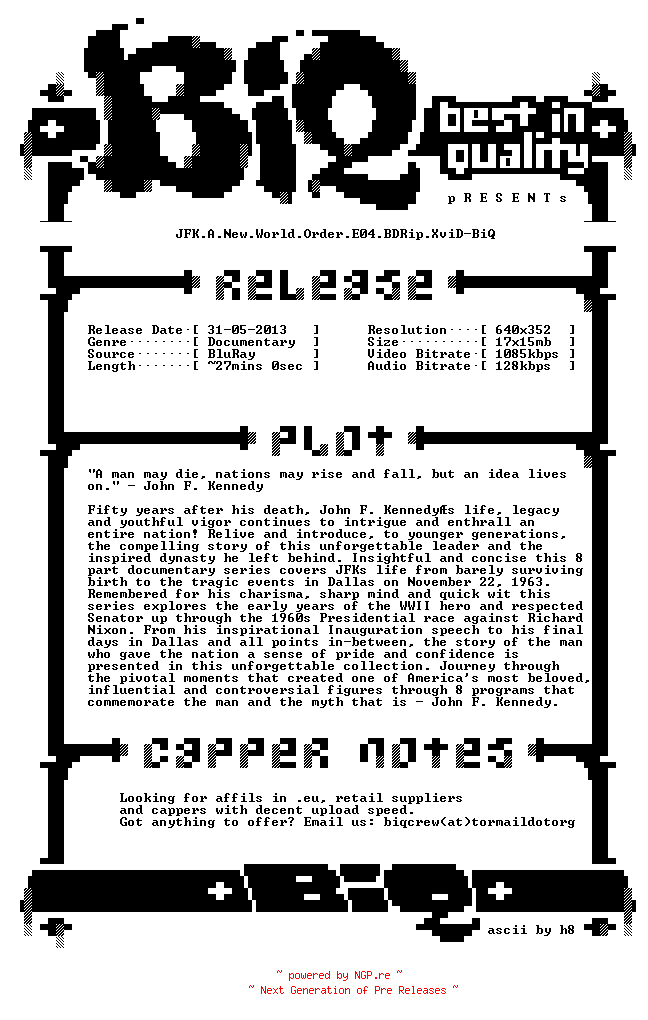 NFO for the release JFK.A.New.World.Order.E04.BDRip.XviD-BiQ by BiQ