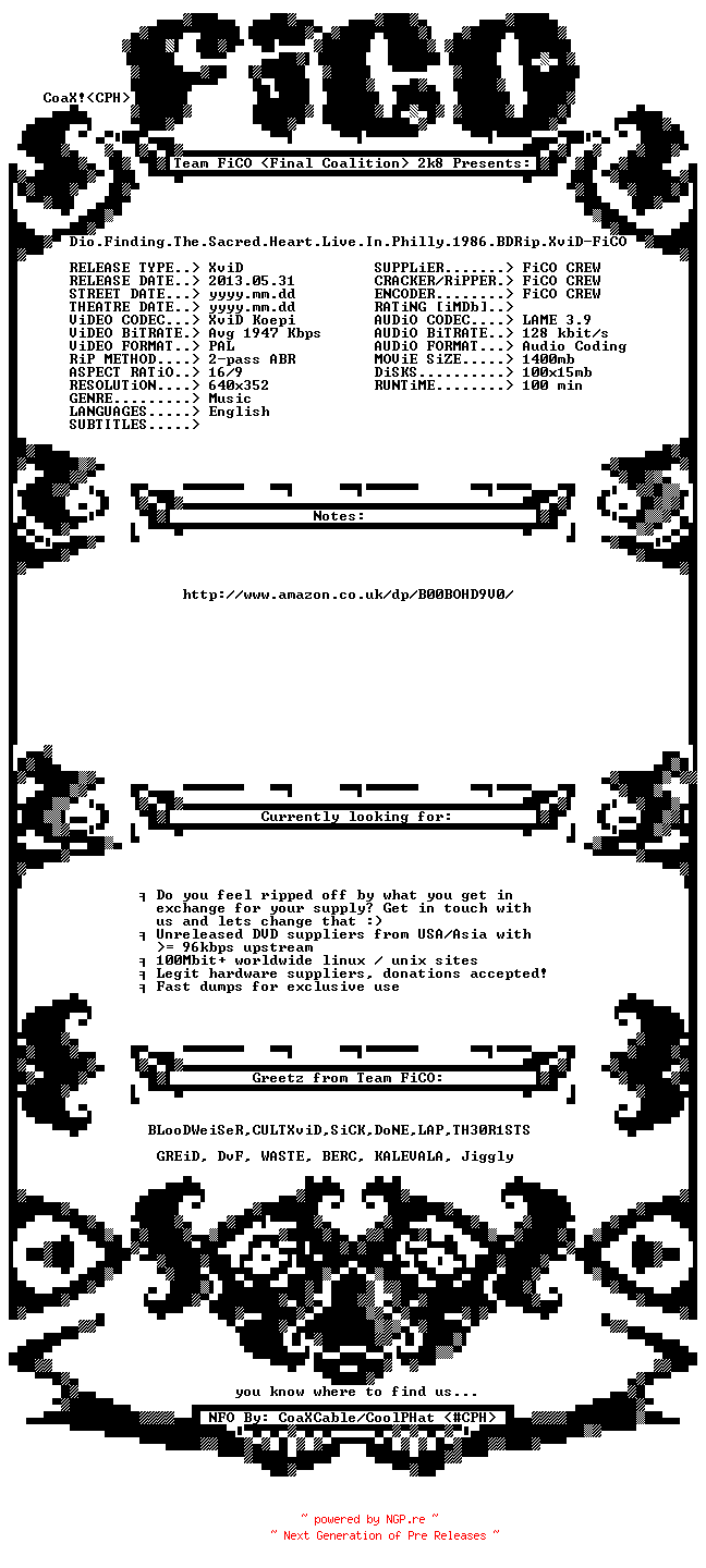 NFO for the release Dio.Finding.The.Sacred.Heart.Live.In.Philly.1986.BDRip.XviD-FiCO by FiCO