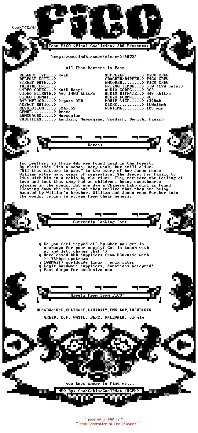 NFO for the release All.That.Matters.Is.Past.2012.BDRip.XviD-FiCO by FiCO