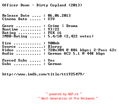 NFO for the release Officer.Down.Dirty.Copland.German.2013.AC3.BDRip.XviD-1aQuali by 1aQuali
