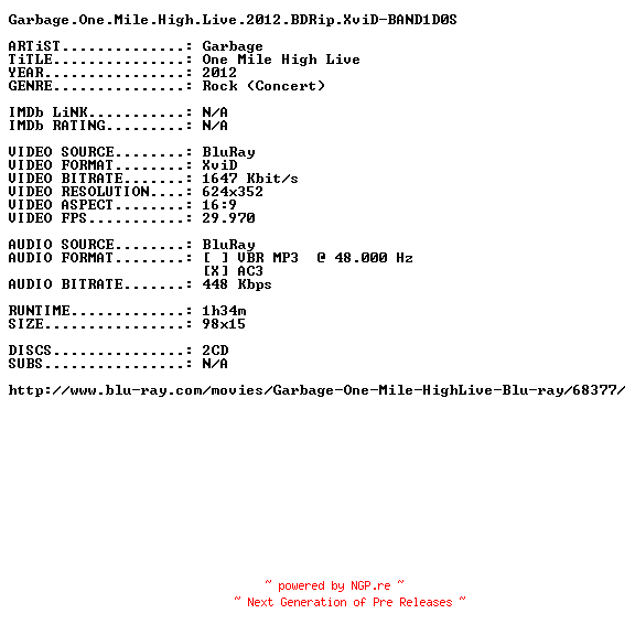 NFO for the release Garbage.One.Mile.High.Live.2012.BDRip.XviD-BAND1D0S by BAND1D0S