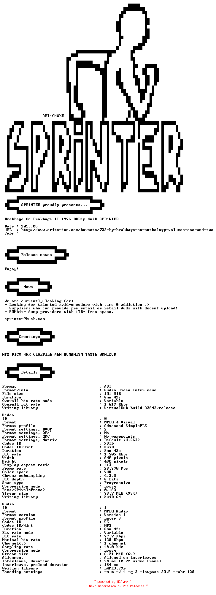 NFO for the release Brakhage.On.Brakhage.II.1996.BDRip.XviD-SPRiNTER by SPRiNTER