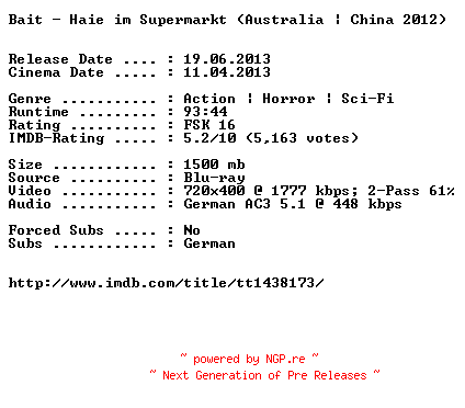 NFO for the release Bait.Haie.im.Supermarkt.German.2012.AC3.BDRip.XviD-EXQUiSiTE by EXQUiSiTE