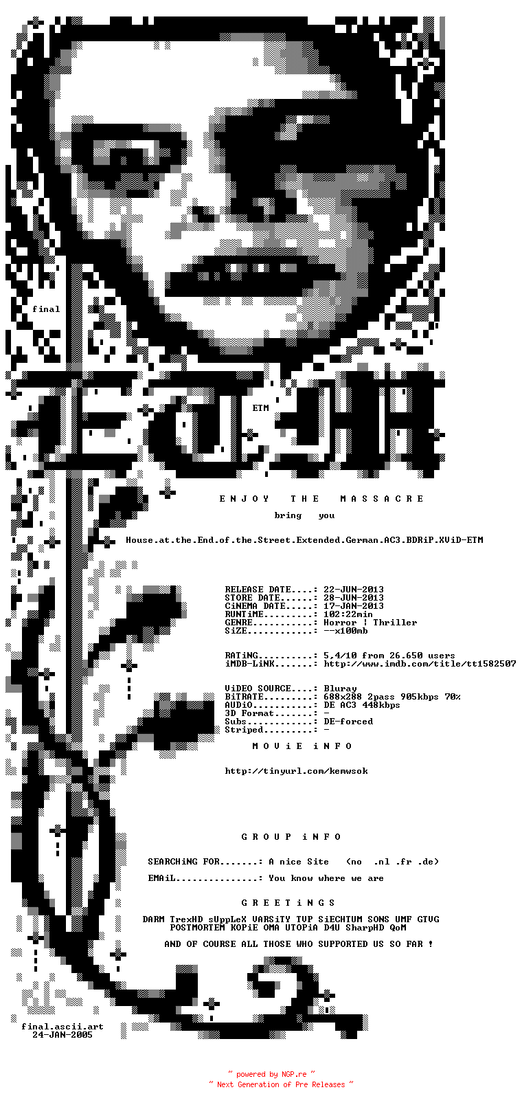 NFO for the release House.at.the.End.of.the.Street.Extended.German.AC3.BDRiP.XViD-ETM by ETM