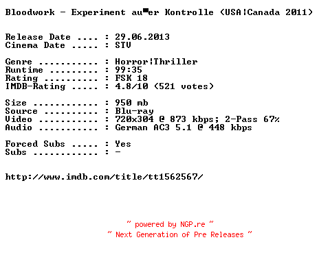 NFO for the release Bloodwork.Experiment.ausser.Kontrolle.German.2011.AC3.BDRiP.XViD-EXQUiSiTE by EXQUiSiTE