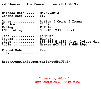NFO for the release 20.Minutes.The.Power.of.Few.German.2013.AC3.BDRiP.XViD-EXQUiSiTE by EXQUiSiTE