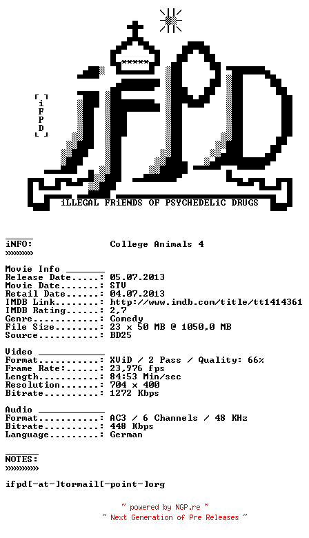 NFO for the release College.Animals.4.2009.German.AC3.BDRiP.XViD-iFPD by iFPD