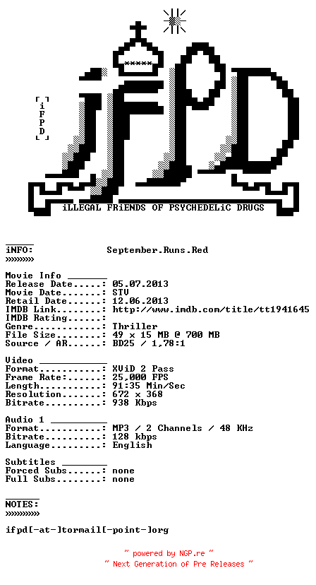 NFO for the release September.Runs.Red.2012.BDRiP.XViD-iFPD by iFPD