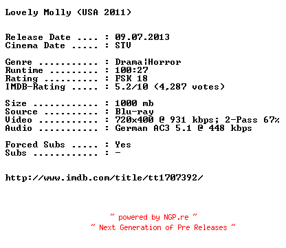 NFO for the release Lovely.Molly.German.2011.AC3.BDRiP.XViD-EXQUiSiTE by EXQUiSiTE