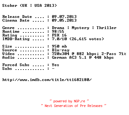 NFO for the release Stoker.German.2013.AC3.BDRiP.XViD-EXQUiSiTE by EXQUiSiTE