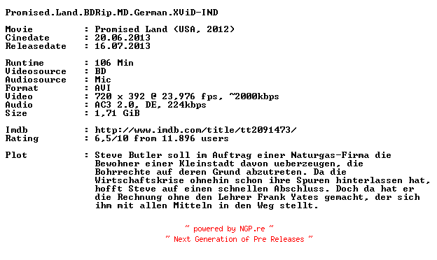 NFO for the release Promised.Land.BDRip.MD.German.XViD-IND by IND